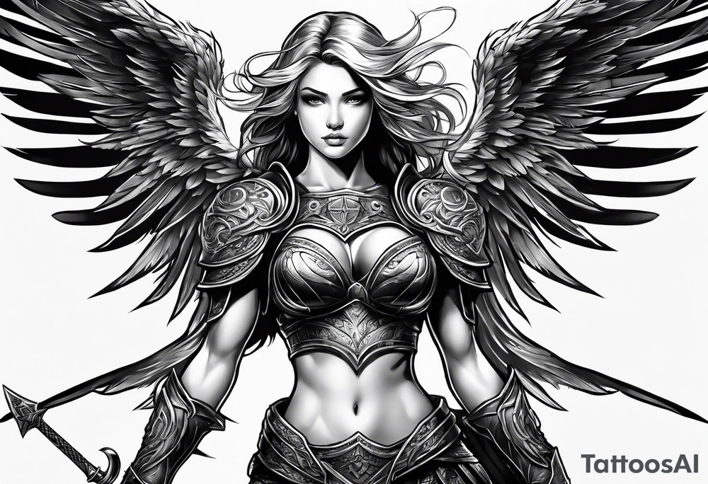 female warrior angel in black standing tattoo idea