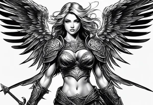 female warrior angel in black standing tattoo idea