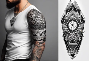 full sleeve tattoos for men with sacred geometry and tropical theme going from chest to hand tattoo idea