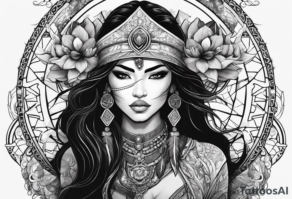 kali, valkrye, pirate, asian goddess, , warrior, native american, lotus, zenza resonance, skulls, dragon, pachamama, left side face, chest, right wing, tattoo idea