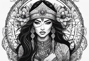 kali, valkrye, pirate, asian goddess, , warrior, native american, lotus, zenza resonance, skulls, dragon, pachamama, left side face, chest, right wing, tattoo idea