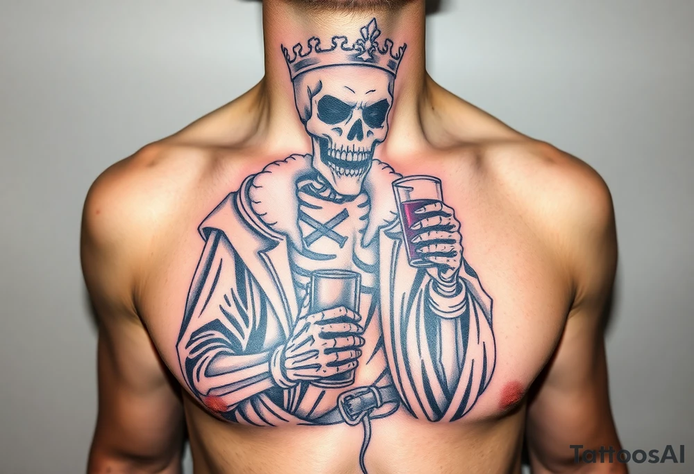 evil skeleton king in clothes having a good time getting drunk tattoo idea
