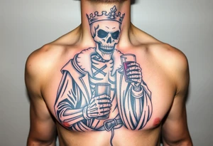 evil skeleton king in clothes having a good time getting drunk tattoo idea