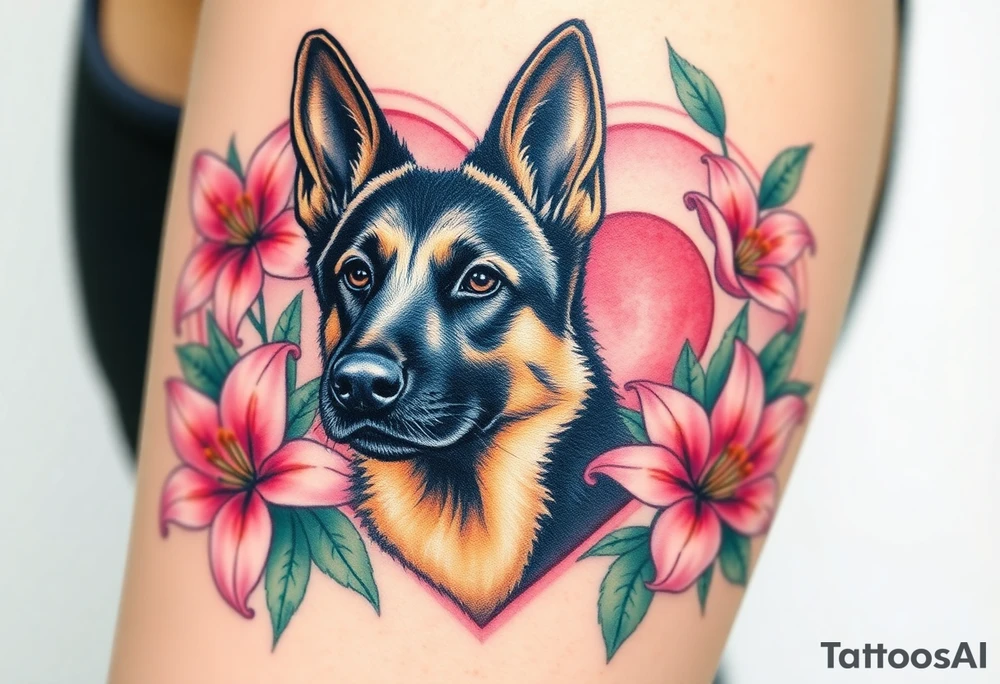 strong short haired german shepherd with alert ears surrounded by pink lilies with large leaves in front of a sacred heart tattoo idea