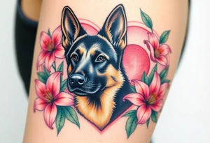 strong short haired german shepherd with alert ears surrounded by pink lilies with large leaves in front of a sacred heart tattoo idea