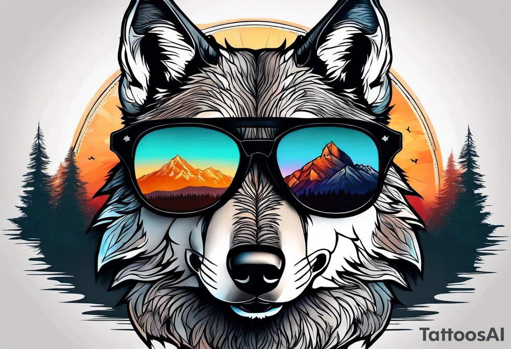 Badass wolf wearing sunglasses
Dark woods
Mountain peaks
Sunset tattoo idea