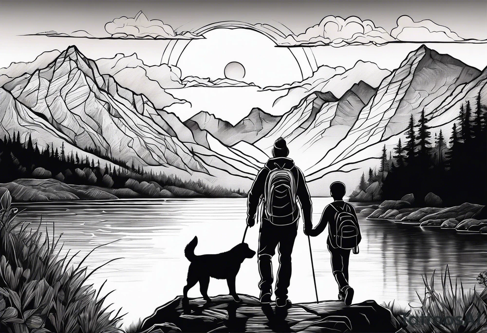 nature, sunset, mountains, a father and son hiking with their dog and cat by the water tattoo idea