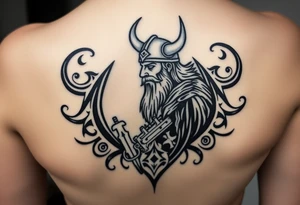 A Viking in the battlefield surrounded by Viking symbols and patterns. Hidden in the patterns is an Australian army rifle and slouch hat. tattoo idea