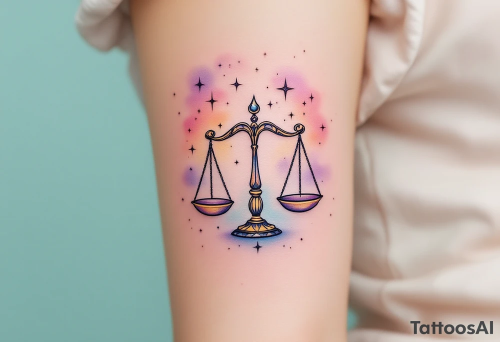 A subtle ombre effect from turquoise to plum fades behind the Libra star constellation and finely drawn balancing scales. tattoo idea
