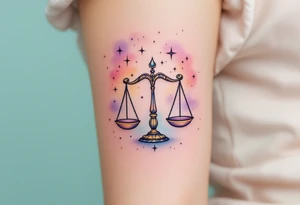A subtle ombre effect from turquoise to plum fades behind the Libra star constellation and finely drawn balancing scales. tattoo idea