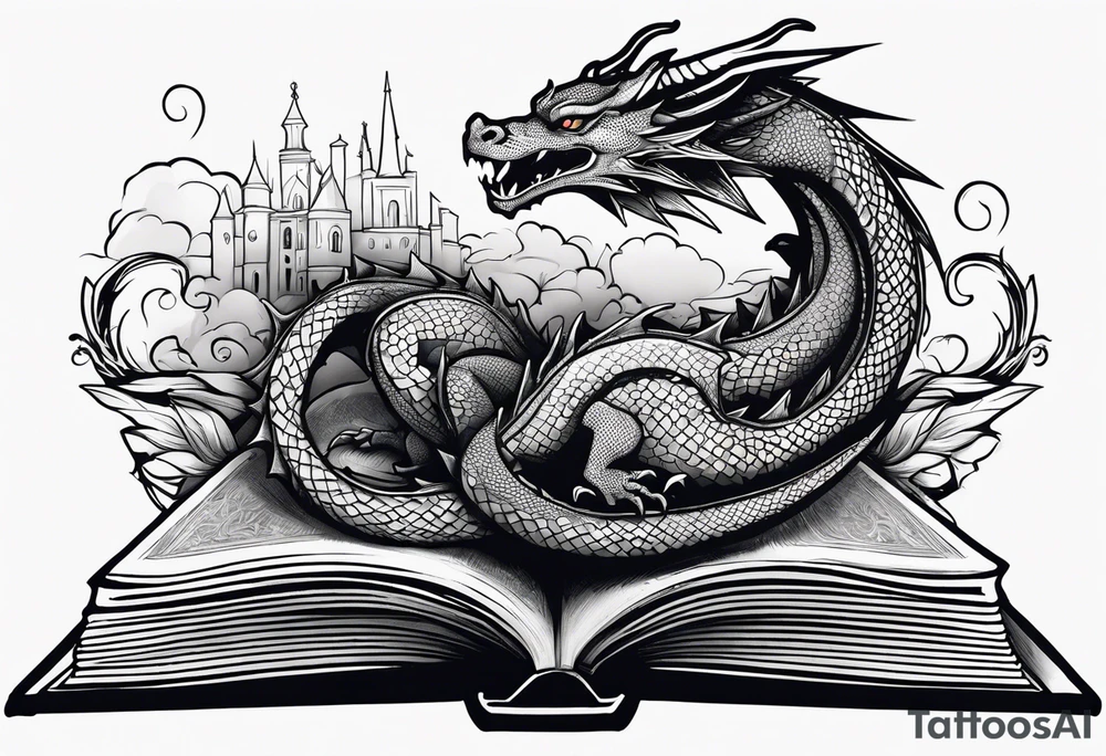 An open book with a dragon curled up and resting underneath it. It will have symbols from different well known Young Adult books coming out of it. tattoo idea