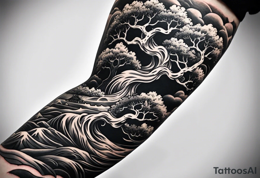 Full arm sleeve, tree going up to shoulder dead tree going down to wrist, wrapped in a serpent moving down with mountain and water elements tattoo idea