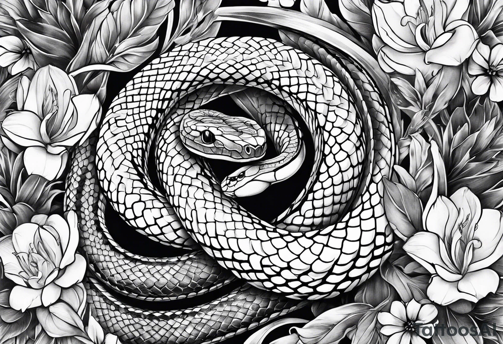 Snake with cross and flowers tattoo idea