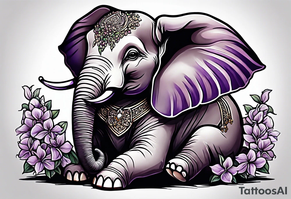 Seated elephant with raised trunk holding lilacs tattoo idea