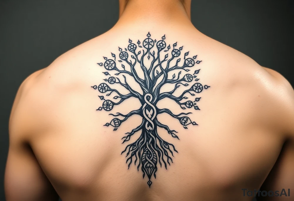 geometrical mystical tree of life with cosmic roots and celestial symbols branches with HIV-positive symbol tattoo idea