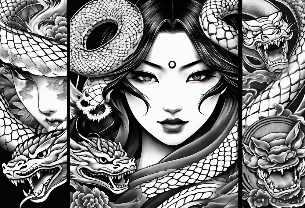 I would like a traditional irezumi half sleeve tattoo with a big snake (hebi)and two hannya masks, i want the one mask laughing and the other crying tattoo idea