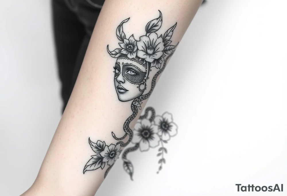 I want a two face masked tattoo with flowers, snakes , vines, jungle like all around On the forearm going down to my hand with cute flowers on it tattoo idea