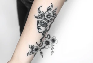 I want a two face masked tattoo with flowers, snakes , vines, jungle like all around On the forearm going down to my hand with cute flowers on it tattoo idea