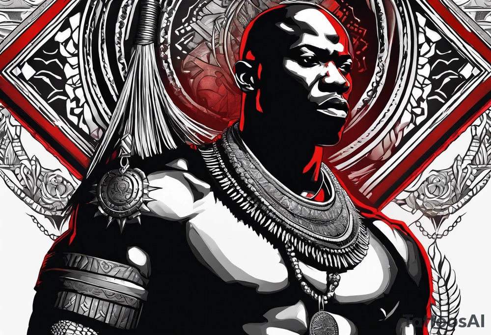 Black-skinned bald african warrior. He is a god of the war. Wears a simple red necklace and a silver crown tattoo idea