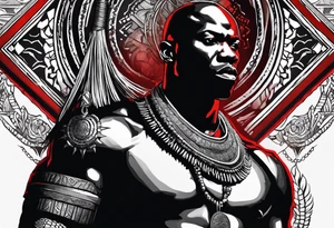 Black-skinned bald african warrior. He is a god of the war. Wears a simple red necklace and a silver crown tattoo idea