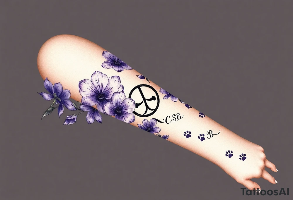 Violets, peace symbol, Pisces symbol, dog prints, amethyst, initials csb in cursive font tattoo idea