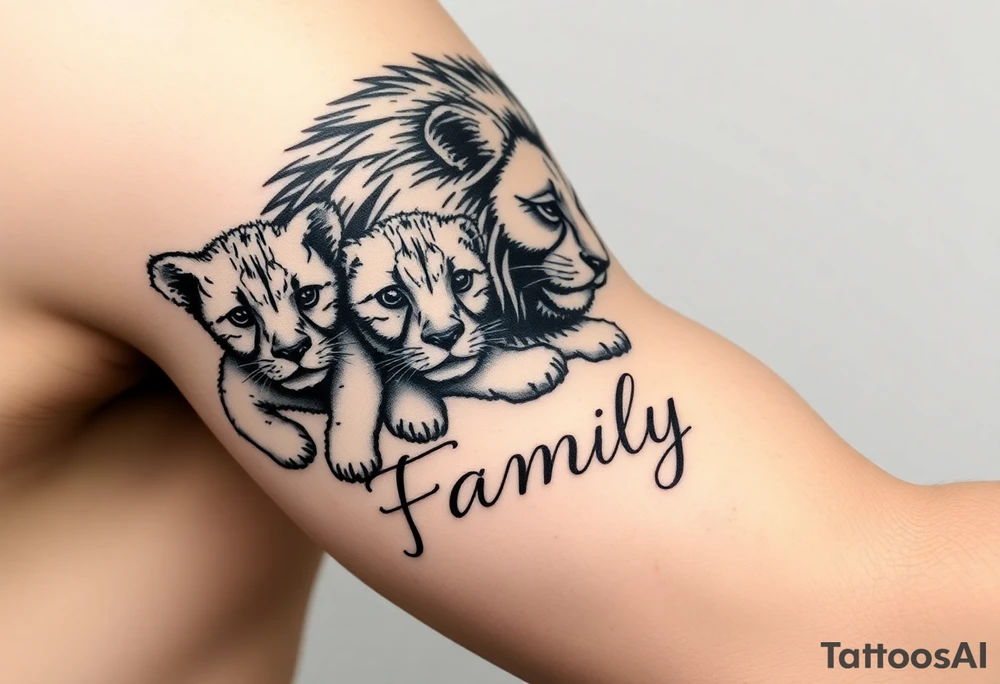 lion with two cubs with family word on arm tattoo idea
