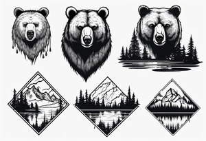 bear head right above the forest line with a lake below tattoo idea