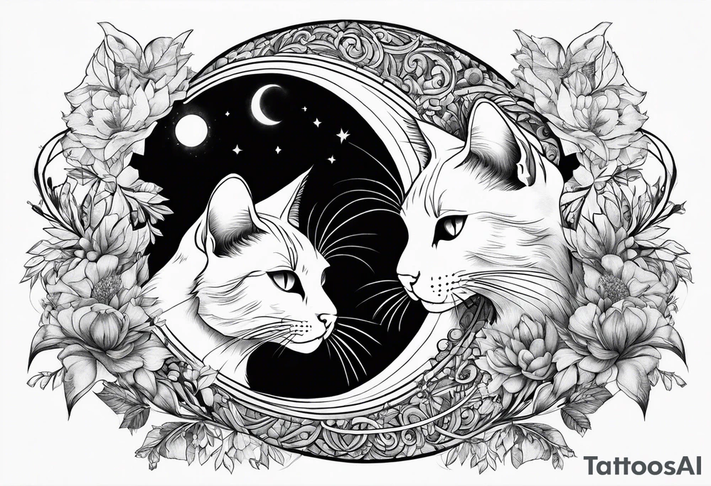 2 cats in laid crescent moon tattoo idea