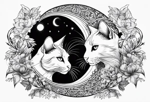 2 cats in laid crescent moon tattoo idea