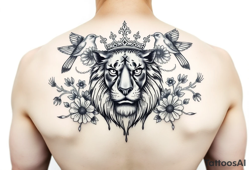 powerful majestic lion with a crown, surrounded by floral oranaments and birds tattoo idea
