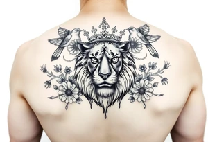 powerful majestic lion with a crown, surrounded by floral oranaments and birds tattoo idea