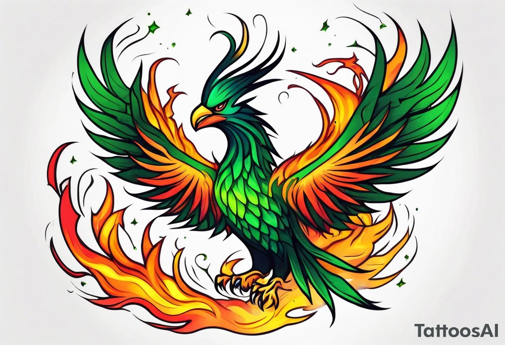 Phoenix Bright colours rising from green flames that destroyed it tattoo idea