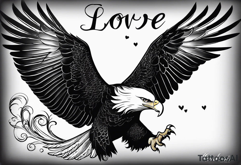 An eagle flying with wings out, legs tucked underneath him with the words "LOVE IN FULL" tattoo idea