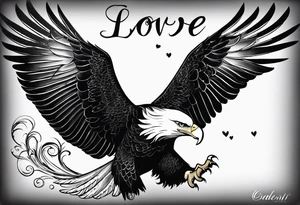An eagle flying with wings out, legs tucked underneath him with the words "LOVE IN FULL" tattoo idea