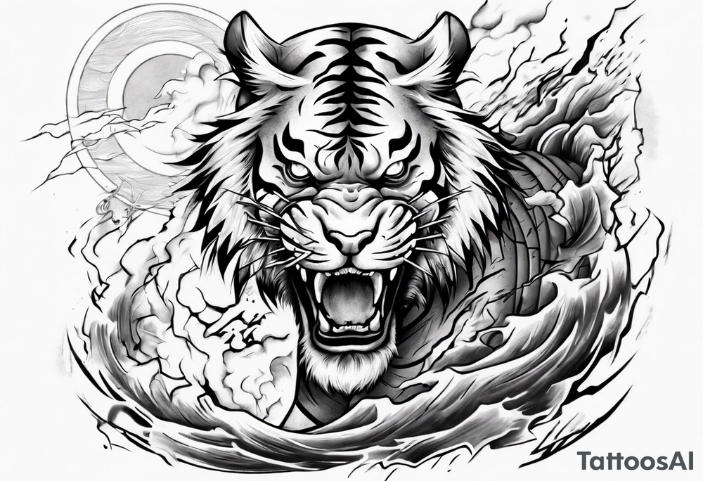 tiger warrior with lightning and the sun for a forearm sleeve tattoo idea