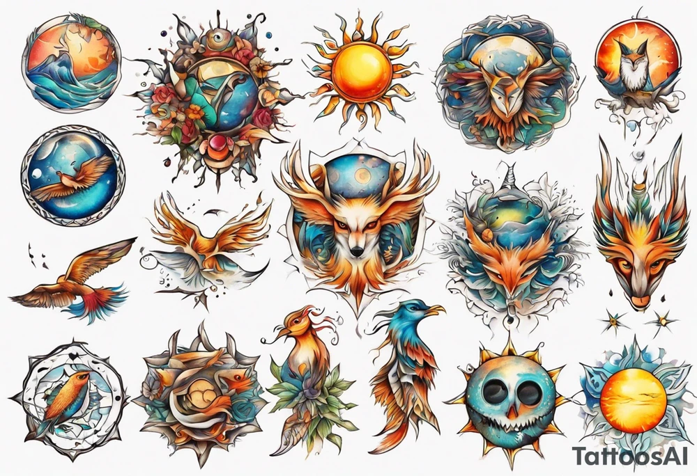 fisch, fuchs und eule , symetrie  sonne, universum, bunt tattoo idea