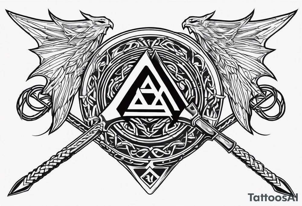 Valhalla sword shield dragon axe Valknut barbed wire chains tattoo idea Valhalla sword shield dragon axe Valknut barbed wire chains tattoo idea