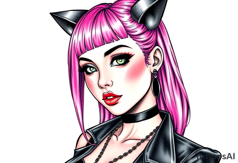 hot goth girl with puppy ears and with piercings on face and big boobs and big butt full body 
 with black outfit on with pink hair tattoo idea