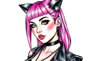 hot goth girl with puppy ears and with piercings on face and big boobs and big butt full body 
 with black outfit on with pink hair tattoo idea