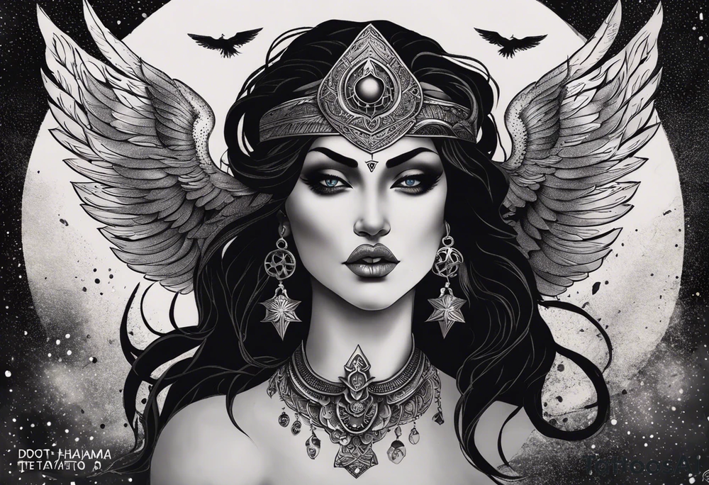black kali, goddess pirate, alien, angel, pachamama, valkrye, warrior, flying, skull, lotus azul, wing, eagle, zenza resonance, stars, 5D, anahata chakra, death, durga, riding on a tiger, flying lady, chest tatoo tattoo idea