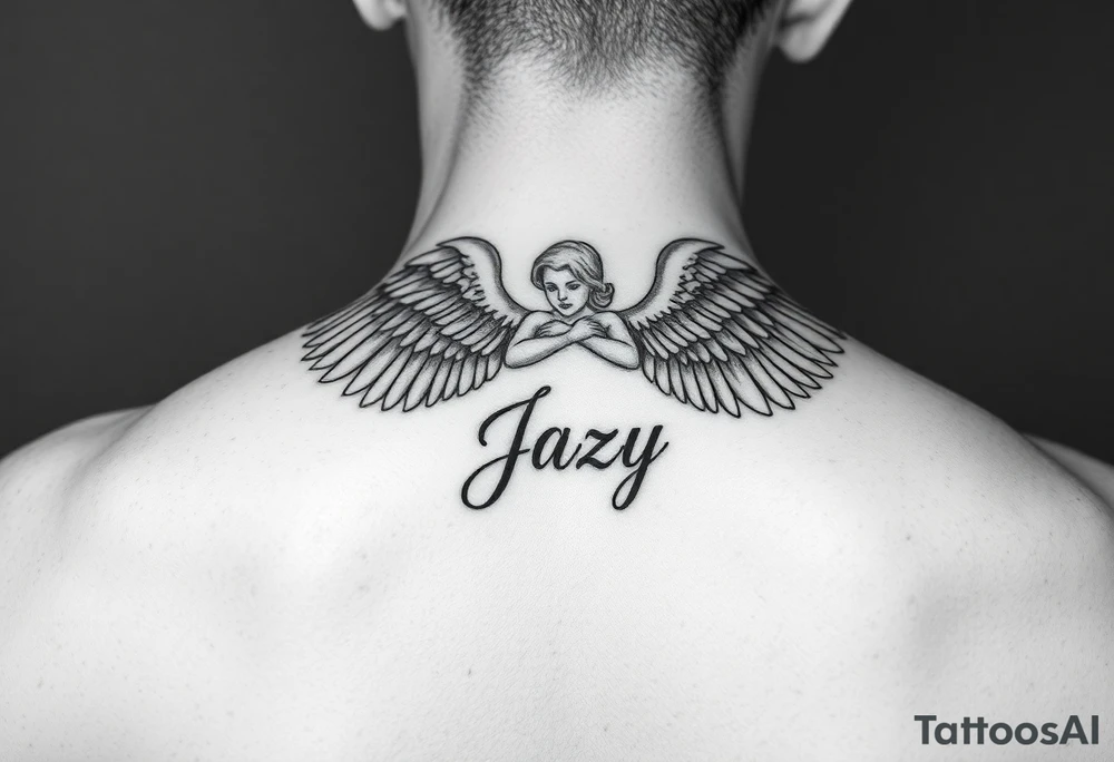 upper shooulder tattoo - Remembrance angel of a deceased best friend with the name Jazy incorporated tattoo idea