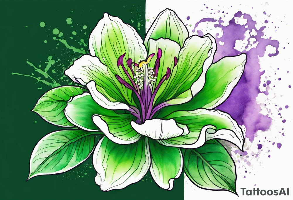 An outline of a green rio dipladenia flower and a green and purple watercolor splash in the background tattoo idea