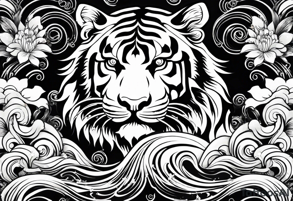 Inspired by Japanese art, this design features the tiger’s body depicted with dramatic, flowing curves and swirls. The background includes flowing water currents and floral motifs. This design is black and white and dynamic, capturing the movement and spirit of the tiger in a traditional Japanese aesthetic. tattoo idea