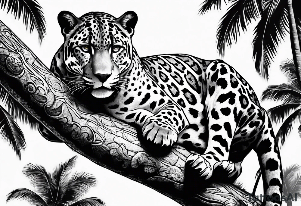 jaguar laying on palm tree tattoo idea