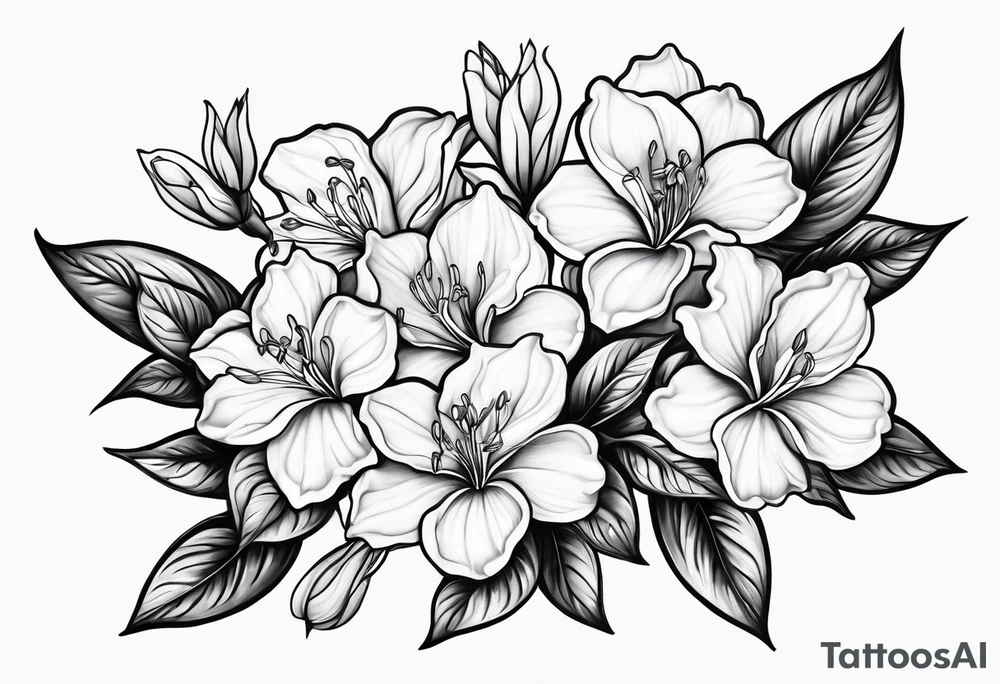 5-petal azaleas with buds along a long branch tattoo idea