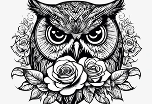 An owl, a rose,  lettering “but the greatest of these is love” tattoo idea