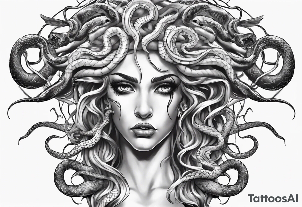 Medusa front profile with snakes for hair and white eyes tattoo idea