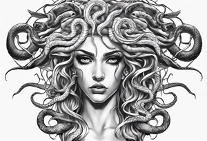 Medusa front profile with snakes for hair and white eyes tattoo idea