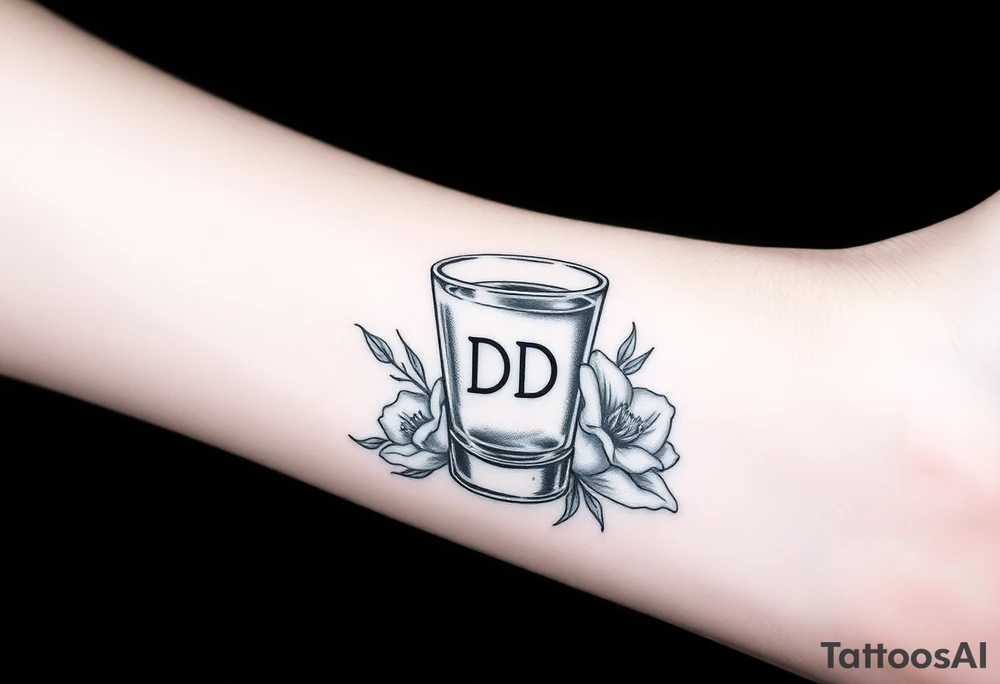 A tequila shot glass with small DD Ingrave on it surround by flowers tattoo idea