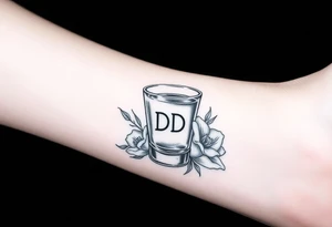 A tequila shot glass with small DD Ingrave on it surround by flowers tattoo idea